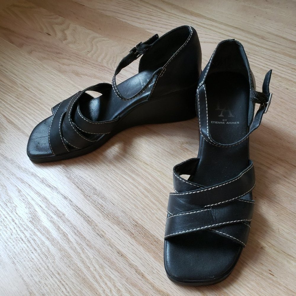 Etienne Aigner Genuine Leather Black Wedge Sandals Size 7.5M